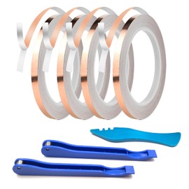 4 Rolls Silver Backed Copper Foil for Stained Glass, 2 x 7/32" and 2 x 1/4" Copper Foil Tape, with 2 Hand Foiler, 1 Burnisher