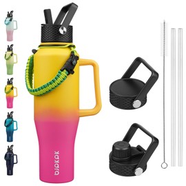 BJPKPK Insulated Water Bottles with Straw Lid, 40oz Metal Water Bottle with 2 lids & Paracord Strap, Double Wall Stainless Steel Tumbler with Handle, Reusable Cups, Mugs, Thermos, Pink & Yellow Rose