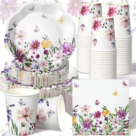 Newtay 250 Pcs Wildflower Disposable Plates and Napkins Floral Paper Tableware Set for 50 Guests Paper Plates Napkins Cups for Baby Shower Wedding Birthday Party Supplies