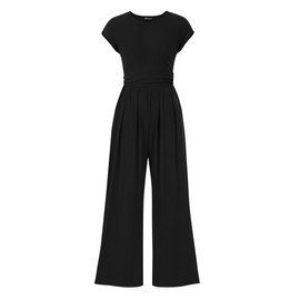 PRETTYGARDEN Summer Jumpsuits for Women Dressy Ribbed Cap Sleeve Wide Leg Pants Rompers Elegant Casual One Piece Outfits (Black,Medium)