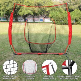 Hikeen Baseball Softball Practice Net for Batting and Pitching, 7'x7' Hitting Net with Bow Frame and Strike Zone, Portable Baseball Training Equipment for All Age