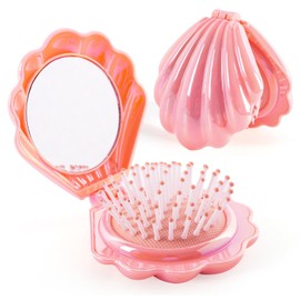 Iridescent Shell Folding Hair Brush with Mirror, Compact Travel Size Mermaid Hair Brush for Purse, Portable Brush Mini Pocket Mirror Massage Comb for Women, Pink