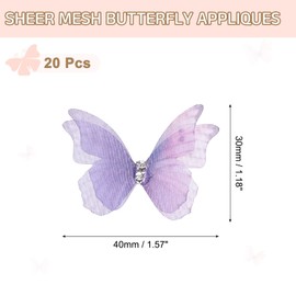 uxcell 20Pcs Sheer Mesh Butterfly Appliques, 40mm Two Layers Butterflies with Gem Applique Patch DIY 3D Craft Ornament for Wedding Party Home Decor Clothes, Purple Pink