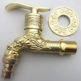 Antique Copper Garden Tap, Antique Brass Tap, Garden Tap in Antique Style, Dragon Carved Faucet Faucet Antique for Home Kitchen Bathroom Outdoor Garden (Gold)
