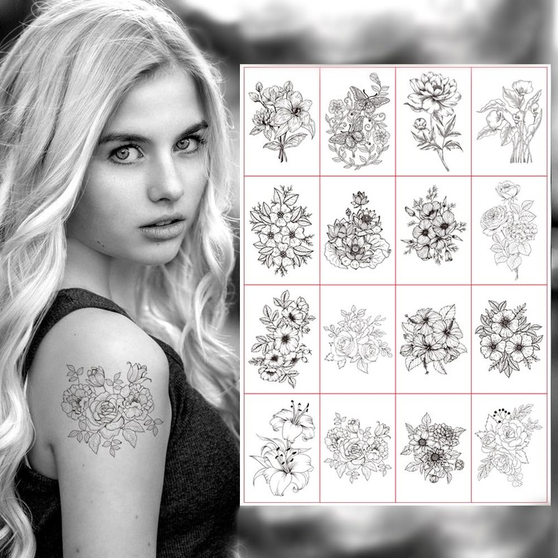 BAMTTOO 24 Sheets Temporary Tattoo Stickers Long Lasting Flower Temporary