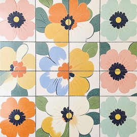 IVN Pastel Abstract Flowers Peel and Stick Floor Tiles 12x12 Inch 10PCS