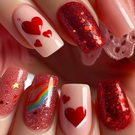 RUOKEXIN Medium Press on Nails Coffin Fake Nails Red Glitter False Nails with Heart Designs Rainbow Ombre Glue on Nails Sparkly Artificial Nails Cute Stick on Nails for Women 24Pcs