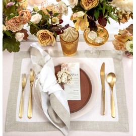 Solino Home Linen Placemats Set of 4 - White/Natural Shimmer Border, 14 x 19 Inch Decorative Placemats for Summer, Fall, Autumn - Festive Edge, Handcrafted and Machine Washable