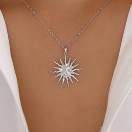 Inateannal Boho Sunburst Pendant Necklace Silver Crystal Sun Necklace Moon Sun Chain Necklaces Cz Spike Sunburst Choker Necklaces Jewelry for Women