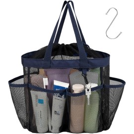 F-color Mesh Shower Caddy Portable with Drawstring - Deeper 7 Pockets Dorm Room Essentials for Guys Girls with S Hook, Shower Bag Tote for College Camping Toiletry Bathroom, Black with Dark Blue