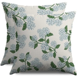 Smozenith Hydrangea Floral Pillow Covers 18X18 Set of 2, Blue Green Leaves Print Pattern Decorative Throw Pillow Covers Outdoor Farmhouse Rustic Cushion Cases Couch Sofa Bed Decor