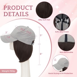 Hat Wig Short Straight Bob Hat with Hair Attached for Women, Light Grey Quick Dry Baseball Cap Wig Breathable Adjustable Sun Protection Wig Hat 6 Inch #6A Dark Brown