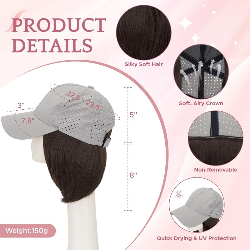 Hat Wig Short Straight Bob Hat with Hair Attached for