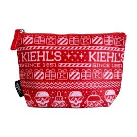 Kiehls Skull Red Velour Cosmetic Bag Small Travel Zip Pouch Fair Isle Holiday