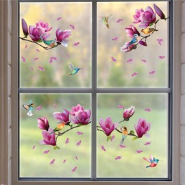 WALPLUS Flower Window Stickers Double Sided Spring Window Stickers Reusable Summer Window Stickers Pink Magnolia Flowers with Bird Anti-Collision Window Stickers Spring Window Decorations 88 PCS