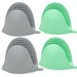 AORTDES Silicone Kitchen Oven Mitts Set, Mini Finger Protector Cooking Pinch Grips Pot Holder Toaster Hot Plate Gripper Oven Mit,BBQ Baking Mittens Heat Resistant Gloves,2 Pairs（Green and 7c Gray）