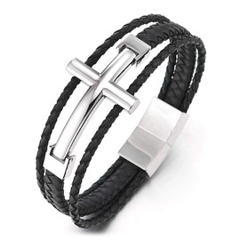 COOLSTEELANDBEYOND Men Stainless Steel Horizontal Sideway Lateral Cross Three-Row Black Braided Leather Bangle Bracelet(CA)