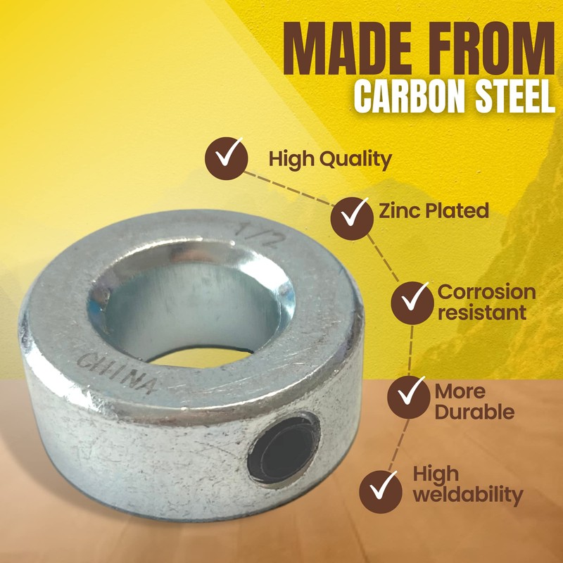 (4-Pack) 1/2” Bore Solid Steel Shaft Collars with Zinc Plated