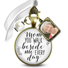 Bouquet Picture Frame Charm for Wedding Mom You Walk Beside Me Every Day Bridal Remembrance Jewelry Vintage Bronze White Glass Pendant White Bead 1 Photo Holder Ties to Flowers DIY Template