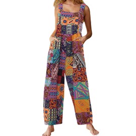 Himosyber Women's Patchwork Dual Pocket Jumpsuit Loose Floral Print Bohemian Wide Leg Bib Overall (Orange-M)
