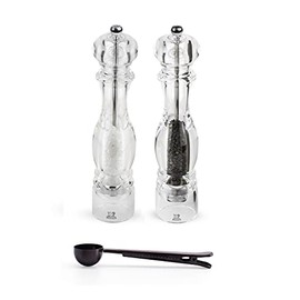Peugeot Nancy Inch Salt & Pepper Mill Gift Set, Acrylic - With Stainless Steel Spice Scoop/Bag Clip (12 Inch)