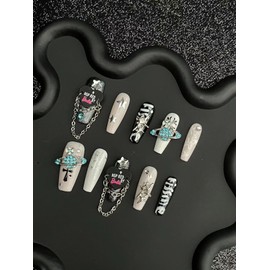 Handmade Press on Nails Long MouyouGlow, Ballerina Black Letter 3D Planet Star Cross Cool Y2K Coquette Spice Girls Resuable Fake Nails, Handmade Artificial Fingernails, 10 Pieces (75-M Size)