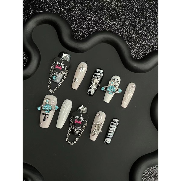 Handmade Press on Nails Long MouyouGlow, Ballerina Black Letter 3D