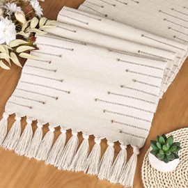 Betylifoy Macrame Table Runner Boho Table Runners Beige Rustic Coffee Table Cloth with Tassels Hand Woven Table Cover for Dining Table Wedding Party Decor (Khaki, 13x71IN)