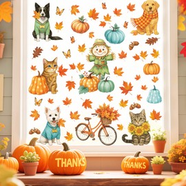 Aurlan Fall Cat Dog Window Stickers,Fall Window Clings,Autumn Scarecrow Wall Decals,Autumn Maple Leaves Pumpkin Wall Stickers,Thanksgiving Harvest Decals for Home Kitchen Bedroom Living Room Office