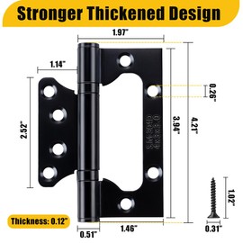 2PCS Non-Mortise Hinges, Matte Black Mute Stainless Steel Door Hinges, Thicken Design 0.12” (3mm) 4x3” Smooth and Heavy Duty Interior Exterior Door Hinges, with Hinge Mounting Screws- Tiosamd