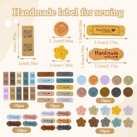 Pluvyze Pack of 100 Handmade Labels for Sewing, Handmade Label with Holes, PU Leather Label, Handmade Embossed Label for Crochet Clothing, Knitting, DIY Jeans, Bags, Hats (5 Styles)