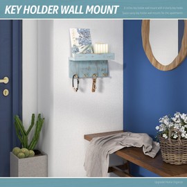 Small Key Holder Wall Mount for Farmhouse Decor - Key and Mail Holder for Wall with Shelf and 4 Key Hooks - Room Decor Aesthetic (Distressed Blue)