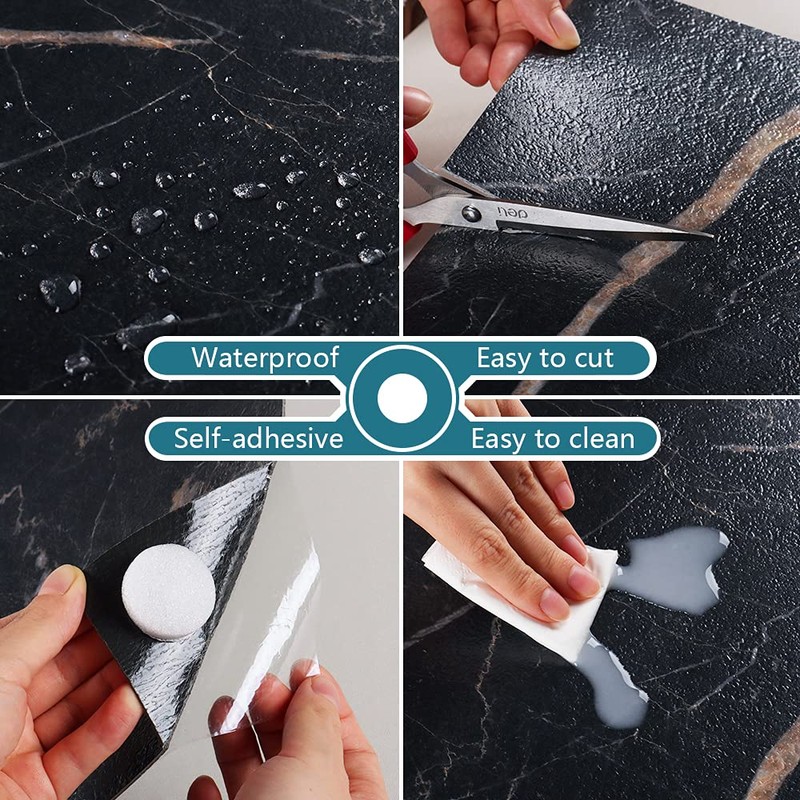 VEELIKE 24 Pack Peel and Stick Floor Tile Black Marble