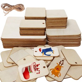 Thinkingwings Pack of 70 Unfinished Wooden Squares, 4 Sizes, Including 30 Pieces with Hole, Square Wooden Panels for Pyrography, Painting, Hanging Decorations, Festivals and Party Decoration