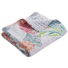 Levtex Home - Sunset Bay - Quilted Throw - 50x60in. - Coastal - Blue, Orange, Grey, Red and Pink - Reversible Pattern - Cotton Fabric