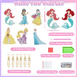 Arts and Crafts for Kids Ages 8-12 - 6Pcs Make Your Own GEM Art Princess Keychains - Diamond Art Kits for Kids - 5D Dimond Art Paintings by Numbers - Art & Craft - 4-6 6-8 Girl & Adults Gifts
