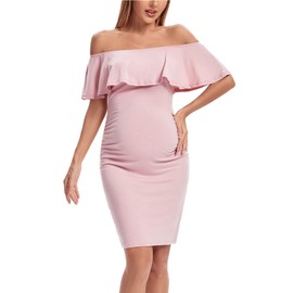 Shen&Qege Maternity Dress Casual Off Shoulder Ruffle Sleeveless Bodycon Maternity Summer Dress, Dark powder