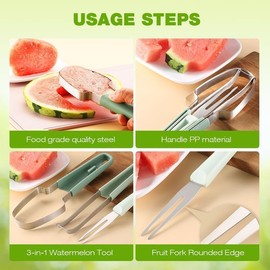 De sandía 3 en 1 con tenedor, nueva herramienta de acero inoxidable 2025, puede cortar rápidamente sandía y otras frutas. (Beige)