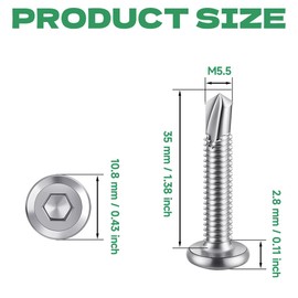 HXJDAM Pack of 90 Self-Tapping Screws, 410 Stainless Steel Flat Head Allen Screws Drilling Screws, M5.5 x 35 mm Tapping Screws, Silver, with Hexagon Socket Drill