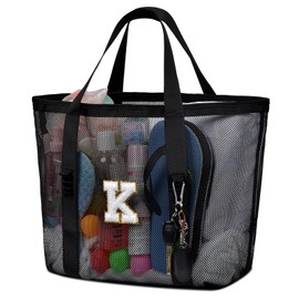 Nidoul Mesh Beach Bag Large Initial Tote Bags Reusable Grocery Bags Foldable for Women Travel Pool Swim Toy Travel Essentials K