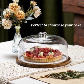 ANBOXIT Cake Stand with Dome Lid, Acacia Wood Cake Plate with Cover, Wooden Cake Display Stand with Acrylic Dome - Flat