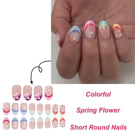 Short Flower Press on Nails Oval Fake Nails Colorful French Tip Acrylic Glue on Nails Spring Summer False Nails with White Floral Designs Glossy Stick on Nails for Women Girls 24 Pcs