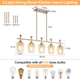 Dining Room Light Fixture/Chandelier Over Table, 5-Light Kitchen Island Lighting Hanging for Farmhouse Linear Chandeliers, Modern Silver Ceiling Pendant Light Fixtures, with Clear Glass Shade