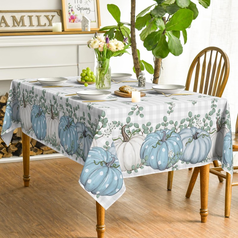 Artoid Mode Buffalo Plaid Blue Pumpkins Eucalyptus Autumn Table Cloth,