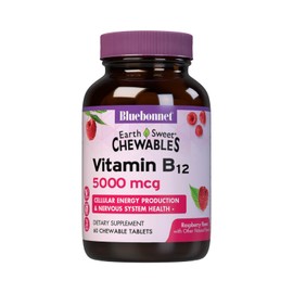 Bluebonnet Nutrition Earth Sweet Vitamin B12 5000 mcg Chewable Tablets, Soy-Free, Gluten-Free, Kosher Certified, Dairy-Free, Vegan, Raspberry Flavored, 60 Chewable Tablets, 60 Servings