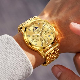 OLEVS Gold Watch for Mens Luxury Dress Moon Phase Analog Casual Watch Men Business Stainsteel Steel Waterproof Luminous Wrist Watches Set Relojes para Hombres