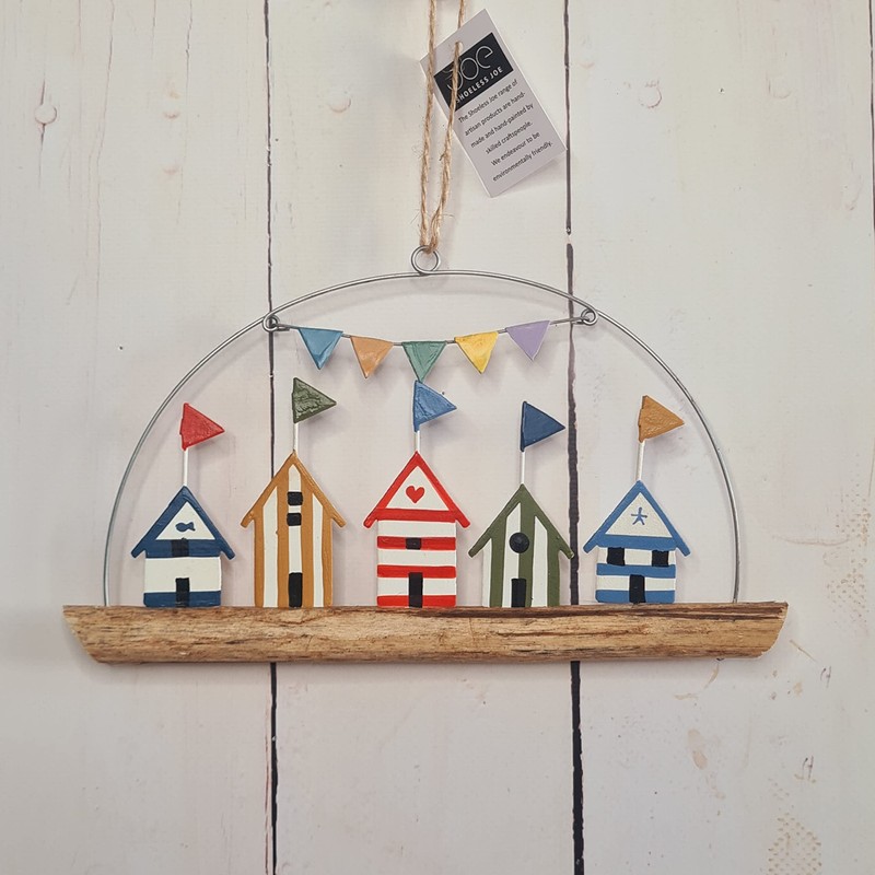 "Rustic Beach Huts with Flags in Driftwood" Decorative Seaside Theme