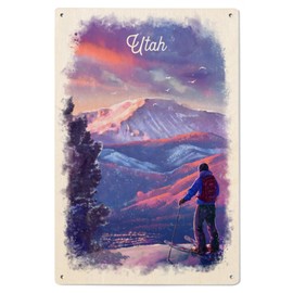 Lantern Press 6x9 Inch Wood Sign, Ready to Hang Wall Decor, Utah, Watercolor Study, Purple Skies, Ski View
