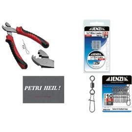 Leader Set 1 x Steel Leader 15 kg, 10 m Sheathed, 20 Crimp Sleeves, 10 Carabiner with Swivel Clamp Sleeve Pliers and Petri Heil! Sticker