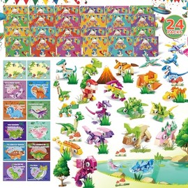 24 Pack Animal Party Favors for Kids, 3-in-1 Dinosaur Small Building Block Toy Set for Easter Basket Stuffers Goodie Bag Return Gift Birthday Party Classroom Rewards for Boys Girls Ages Student 6+